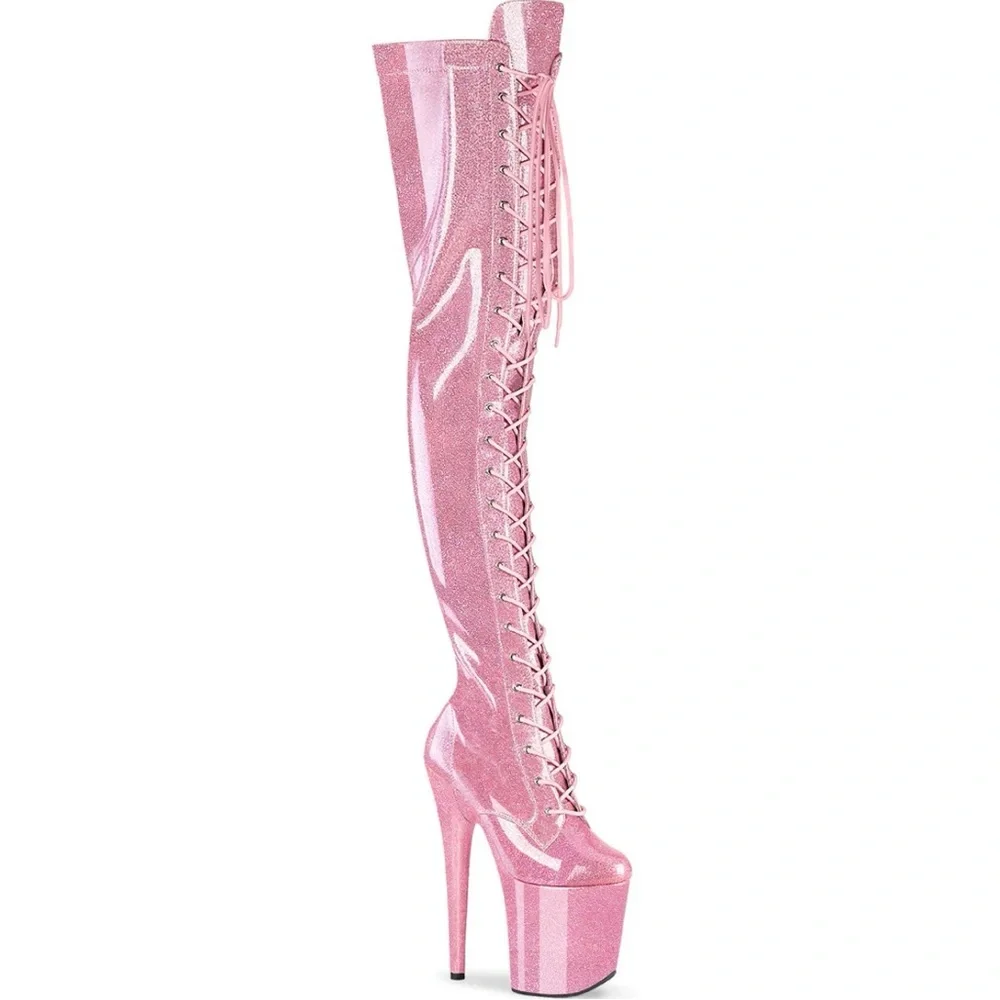 Pleaser Pink Patent Lace-Up Over-the-Knee Platform Boots